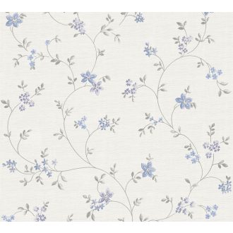   Finoman rajzolt filigrán virágindák fehér kék és szürke tónus tapéta