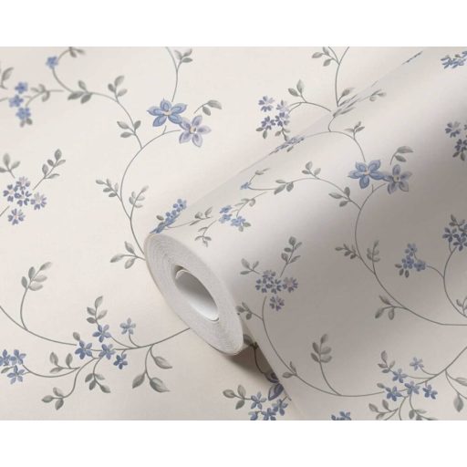 Finoman rajzolt filigrán virágindák fehér kék és szürke tónus tapéta
