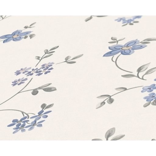 Finoman rajzolt filigrán virágindák fehér kék és szürke tónus tapéta
