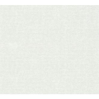   Karcsú ágakon filigrán levelek mintája törtfehér és világoszöld tónus tapéta