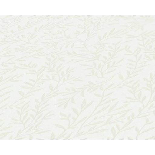 Karcsú ágakon filigrán levelek mintája törtfehér és világoszöld tónus tapéta