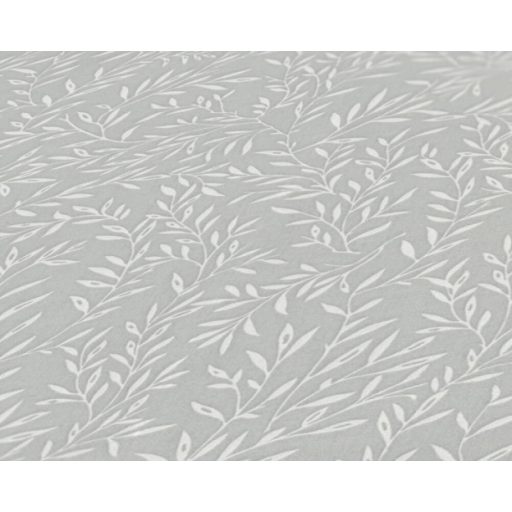 Karcsú ágakon filigrán levelek mintája szürke és törtfehér tónus tapéta