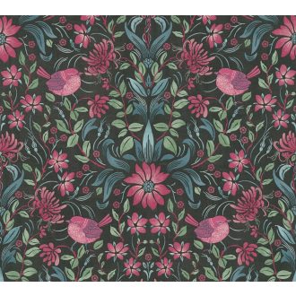   Gazdagon díszített virágos ornamentika kis madarakkal fekete kék zöld és rózsaszín/pink tónus tapéta