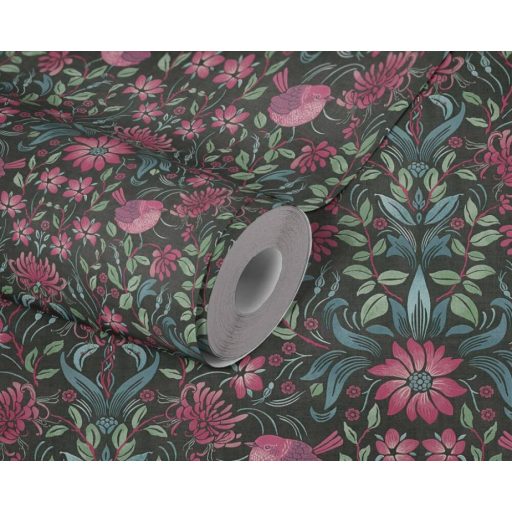 Gazdagon díszített virágos ornamentika kis madarakkal fekete kék zöld és rózsaszín/pink tónus tapéta