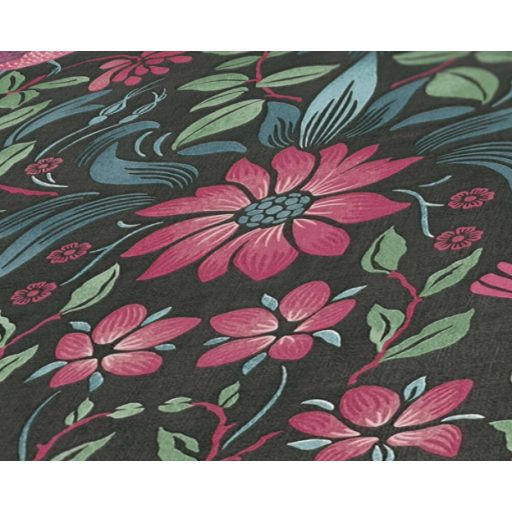 Gazdagon díszített virágos ornamentika kis madarakkal fekete kék zöld és rózsaszín/pink tónus tapéta