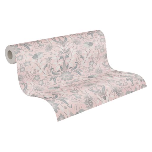 Gazdagon díszített virágos ornamentika kis madarakkal rózsaszín szürke és fehér tónus tapéta