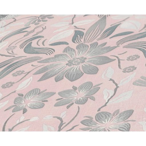 Gazdagon díszített virágos ornamentika kis madarakkal rózsaszín szürke és fehér tónus tapéta