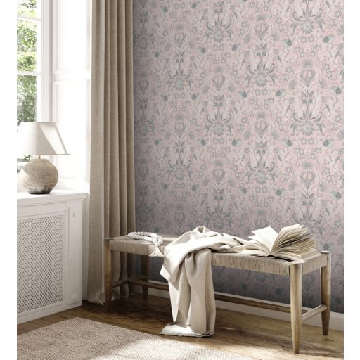 Gazdagon díszített virágos ornamentika kis madarakkal rózsaszín szürke és fehér tónus tapéta