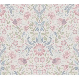   Gazdagon díszített virágos ornamentika kis madarakkal krémfehér kék zöld és rózsaszín tónus tapéta