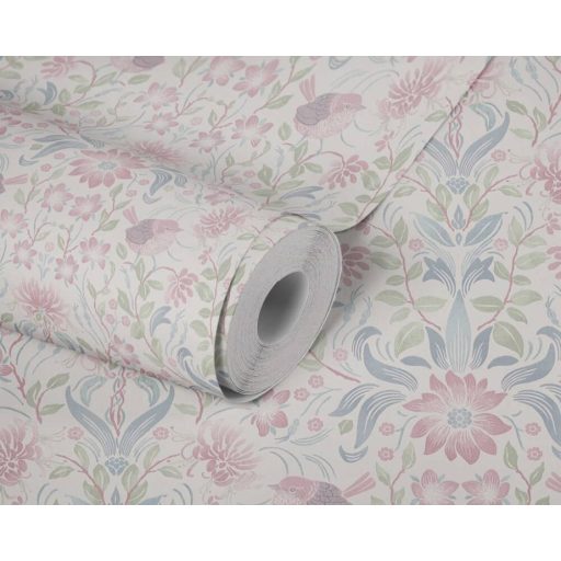 Gazdagon díszített virágos ornamentika kis madarakkal krémfehér kék zöld és rózsaszín tónus tapéta