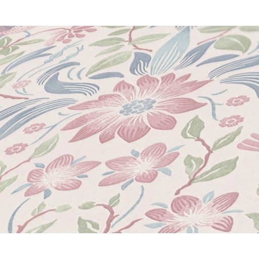 Gazdagon díszített virágos ornamentika kis madarakkal krémfehér kék zöld és rózsaszín tónus tapéta