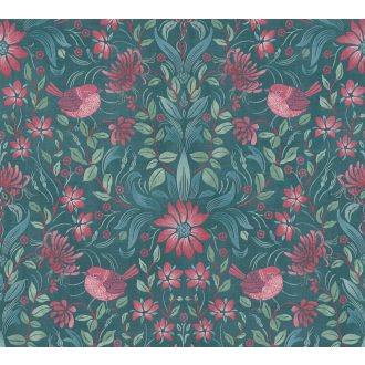   Gazdagon díszített virágos ornamentika kis madarakkal petrol kék zöld és rózsaszín/pink tónus tapéta