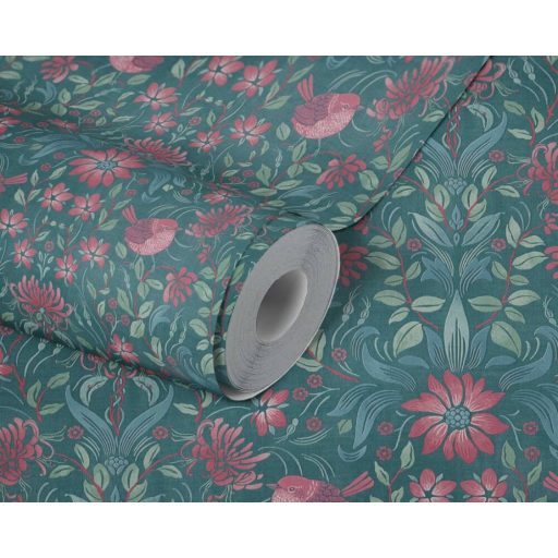 Gazdagon díszített virágos ornamentika kis madarakkal petrol kék zöld és rózsaszín/pink tónus tapéta