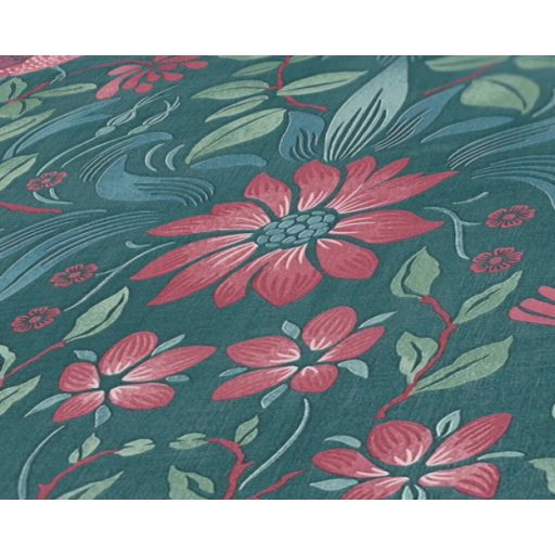 Gazdagon díszített virágos ornamentika kis madarakkal petrol kék zöld és rózsaszín/pink tónus tapéta