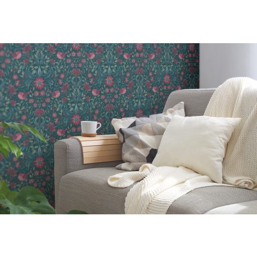 Gazdagon díszített virágos ornamentika kis madarakkal petrol kék zöld és rózsaszín/pink tónus tapéta