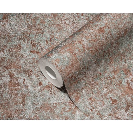 Shabby stílusú pompás beton/vakolat megjelenítés vörösesbarna zöld és fémes ezüst tónus fémes hatás tapéta