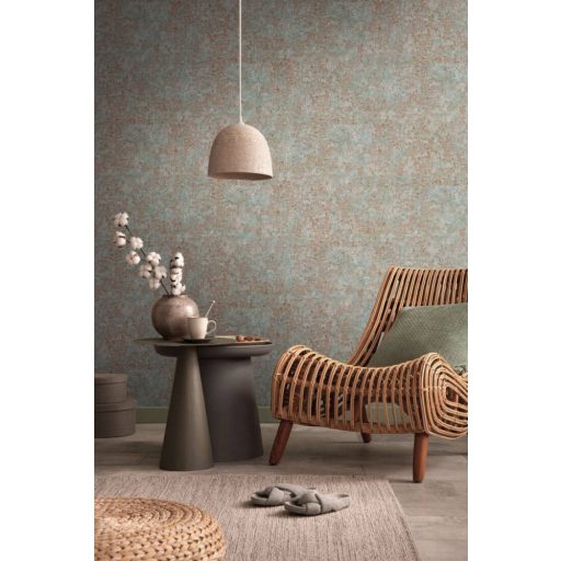 Shabby stílusú pompás beton/vakolat megjelenítés vörösesbarna zöld és fémes ezüst tónus fémes hatás tapéta