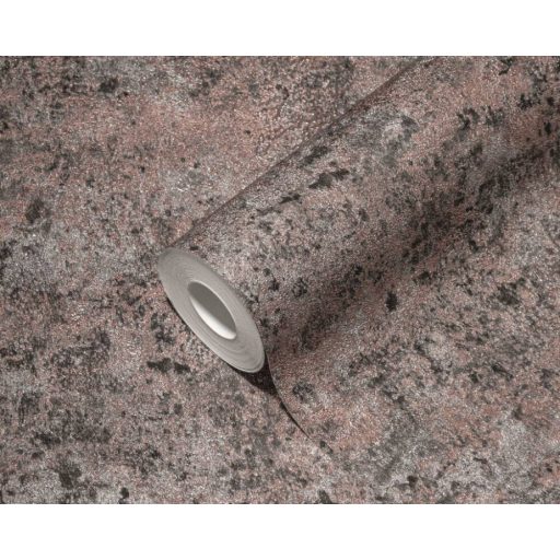 Shabby stílusú pompás beton/vakolat megjelenítés vörösesbarna fekete és fémes ezüst/roségold/réz tónus fémes hatás tapéta