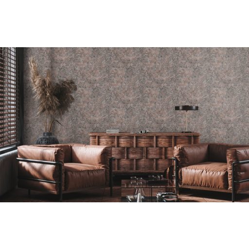 Shabby stílusú pompás beton/vakolat megjelenítés vörösesbarna fekete és fémes ezüst/roségold/réz tónus fémes hatás tapéta