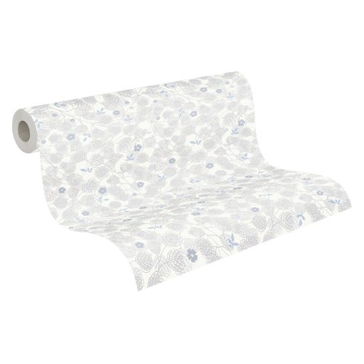 Skandi stílusú illusztráció ágakkal levelekkel és virágokkal fehér szürke és kék tónus tapéta