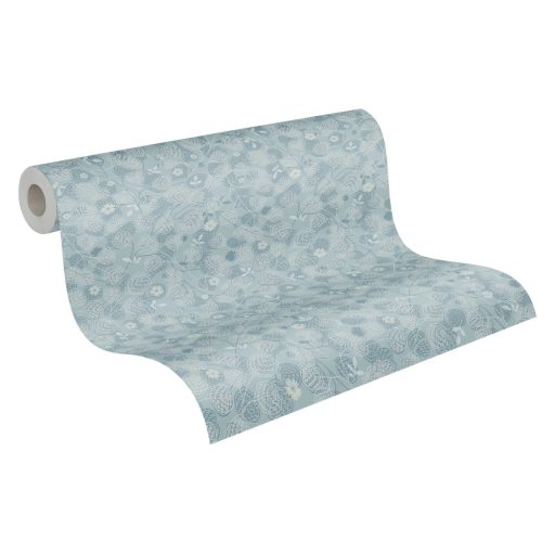 Skandi stílusú illusztráció ágakkal levelekkel és virágokkal krém világoskék és kék tónus tapéta