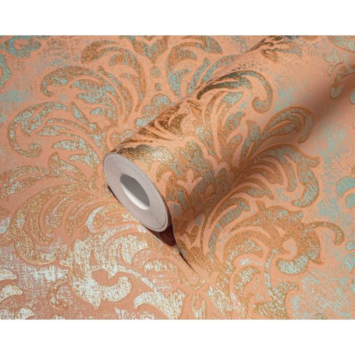 Klasszikus barokk ornamentika modern átiratban narancssárga zöld és rézszín tónus intenzív fémes hatás tapéta