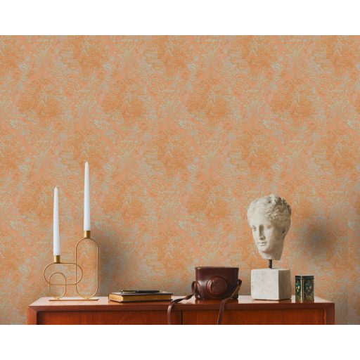 Klasszikus barokk ornamentika modern átiratban narancssárga zöld és rézszín tónus intenzív fémes hatás tapéta