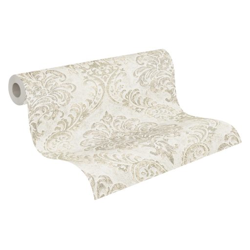 Klasszikus barokk ornamentika modern átiratban krémszürke zöldarany/bézsarany/arany tónus intenzív fémes hatás tapéta