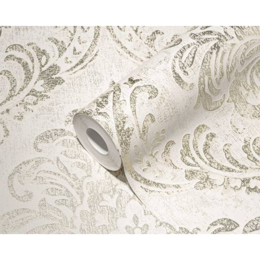 Klasszikus barokk ornamentika modern átiratban krémszürke zöldarany/bézsarany/arany tónus intenzív fémes hatás tapéta