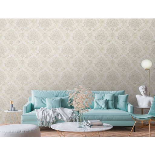 Klasszikus barokk ornamentika modern átiratban krémszürke zöldarany/bézsarany/arany tónus intenzív fémes hatás tapéta