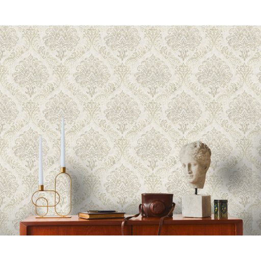 Klasszikus barokk ornamentika modern átiratban krémszürke zöldarany/bézsarany/arany tónus intenzív fémes hatás tapéta