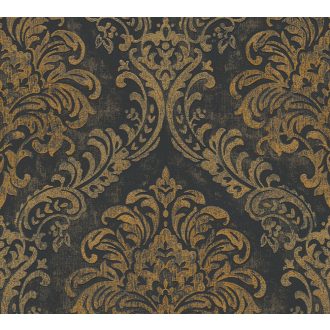   Klasszikus barokk ornamentika modern átiratban antracit/fekete és arany tónus intenzív fémes hatás tapéta
