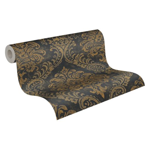Klasszikus barokk ornamentika modern átiratban antracit/fekete és arany tónus intenzív fémes hatás tapéta