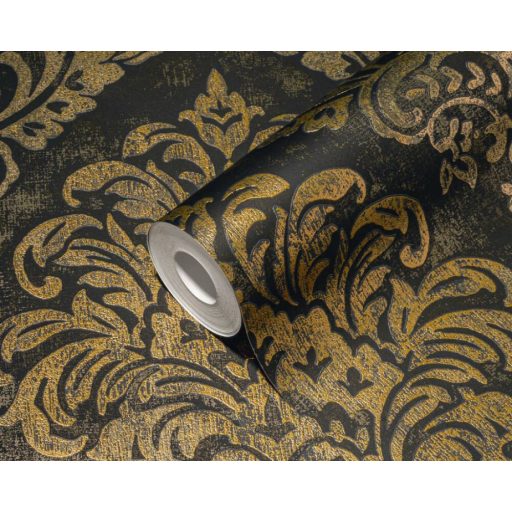 Klasszikus barokk ornamentika modern átiratban antracit/fekete és arany tónus intenzív fémes hatás tapéta