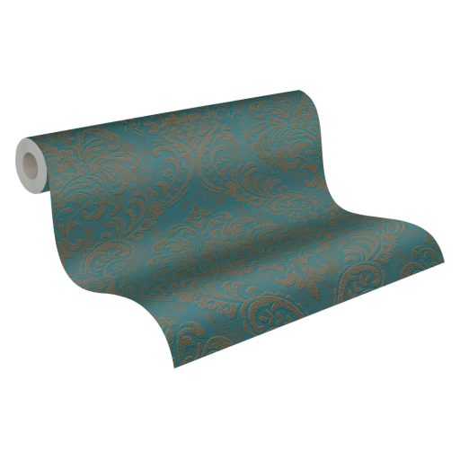 Klasszikus barokk ornamentika modern átiratban petrol/zöldeskék és arany tónus intenzív fémes hatás tapéta