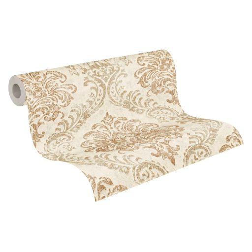 Klasszikus barokk ornamentika modern átiratban krémfehér/krém és arany tónus intenzív fémes hatás tapéta