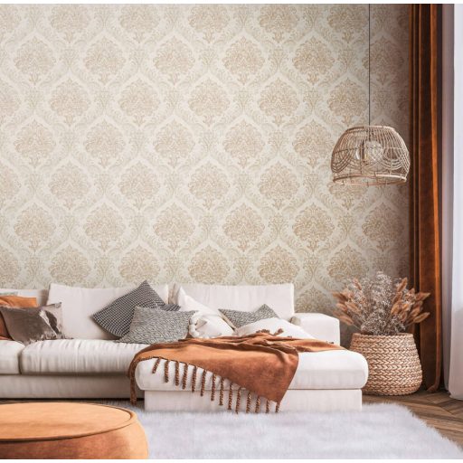 Klasszikus barokk ornamentika modern átiratban krémfehér/krém és arany tónus intenzív fémes hatás tapéta