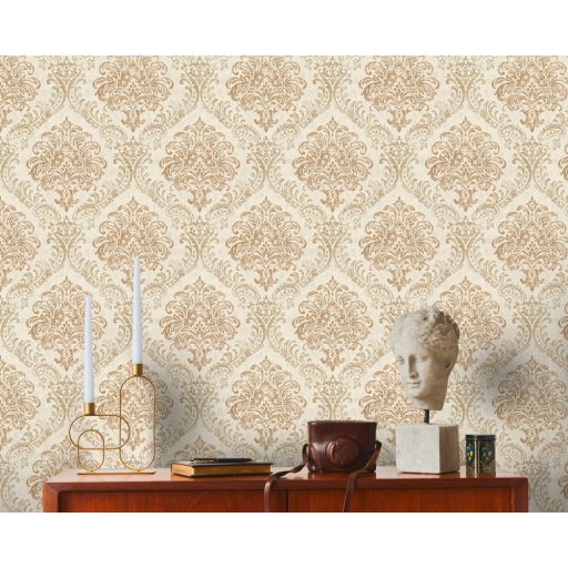 Klasszikus barokk ornamentika modern átiratban krémfehér/krém és arany tónus intenzív fémes hatás tapéta