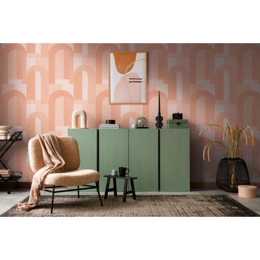 Geometrikus formákkal kialakított nagyvonalú grafikai minta Bauhaus jegyekkel bézs rózsaszín és narancs tónus tapéta