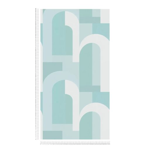Geometrikus formákkal kialakított nagyvonalú grafikai minta Bauhaus jegyekkel fehér zöld és kékeszöld tónus tapéta