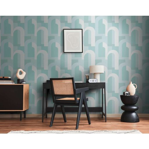 Geometrikus formákkal kialakított nagyvonalú grafikai minta Bauhaus jegyekkel fehér zöld és kékeszöld tónus tapéta