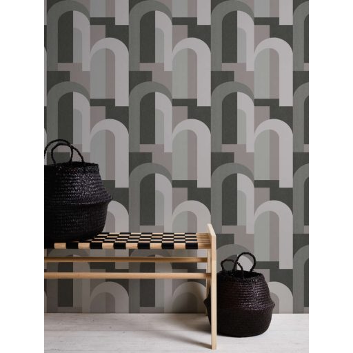 Geometrikus formákkal kialakított nagyvonalú grafikai minta Bauhaus jegyekkel szürke fekete meleg szürke/szürkésbézs tónus tapéta