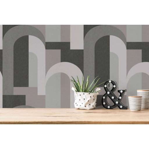 Geometrikus formákkal kialakított nagyvonalú grafikai minta Bauhaus jegyekkel szürke fekete meleg szürke/szürkésbézs tónus tapéta