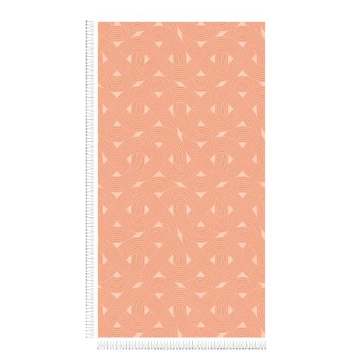 Összekuszálódott húros hangszerek vagy grafikus szalagminta Art deco jegyekkel narancs és fémes arany tónus tapéta