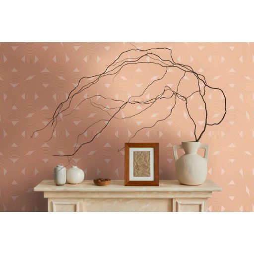 Összekuszálódott húros hangszerek vagy grafikus szalagminta Art deco jegyekkel narancs és fémes arany tónus tapéta