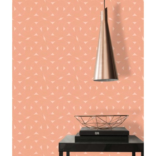 Összekuszálódott húros hangszerek vagy grafikus szalagminta Art deco jegyekkel narancs és fémes arany tónus tapéta