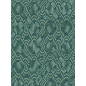  Összekuszálódott húros hangszerek vagy grafikus szalagminta Art deco jegyekkel sötétzöld zöld és fémes arany tónus tapéta