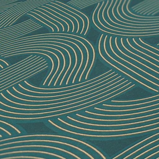 Összekuszálódott húros hangszerek vagy grafikus szalagminta Art deco jegyekkel sötétzöld zöld és fémes arany tónus tapéta