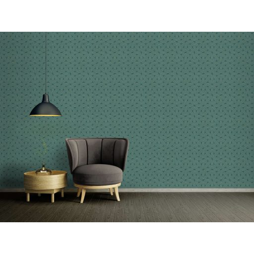 Összekuszálódott húros hangszerek vagy grafikus szalagminta Art deco jegyekkel sötétzöld zöld és fémes arany tónus tapéta