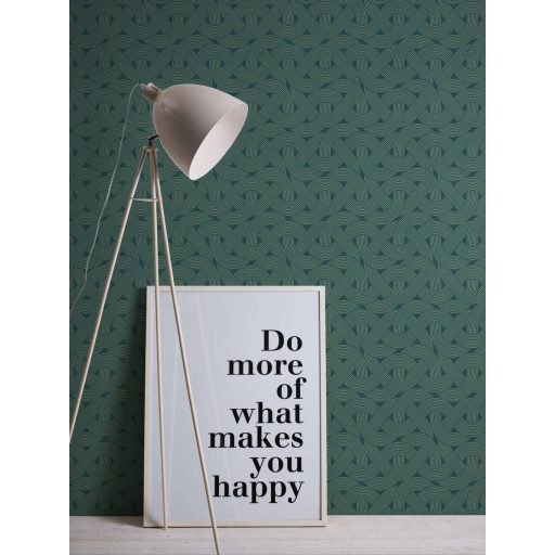 Összekuszálódott húros hangszerek vagy grafikus szalagminta Art deco jegyekkel sötétzöld zöld és fémes arany tónus tapéta